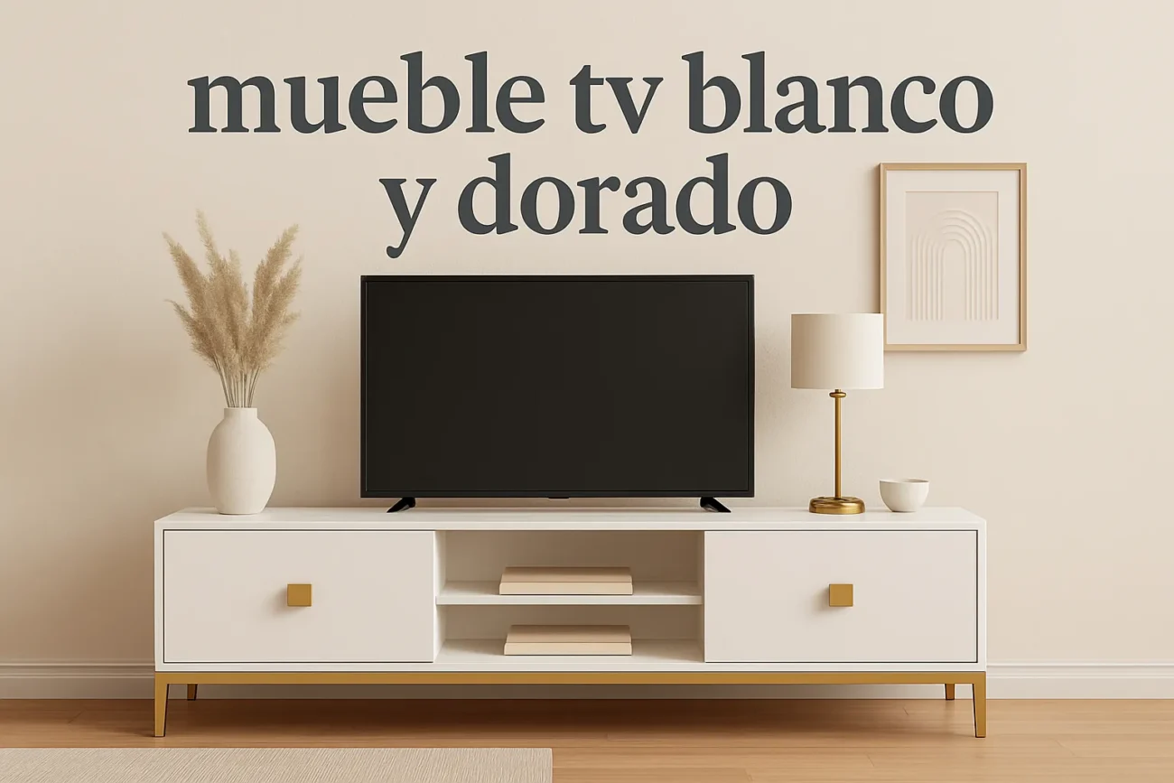 mueble tv blanco y dorado