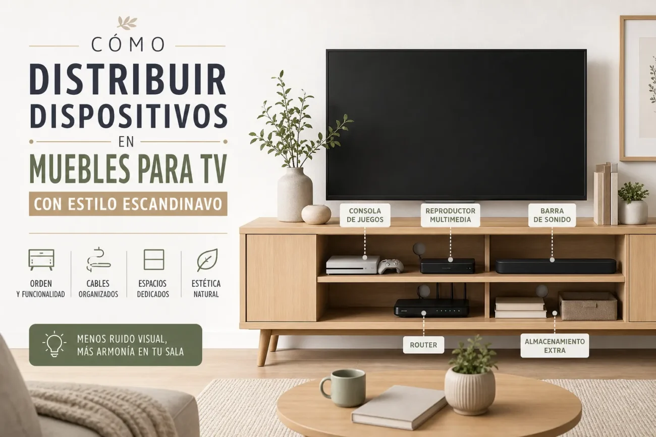Infographic showing how to distribute devices in a TV console in Scandinavian style, with labeled components like consola de juegos and barra de sonido in a living room setting.