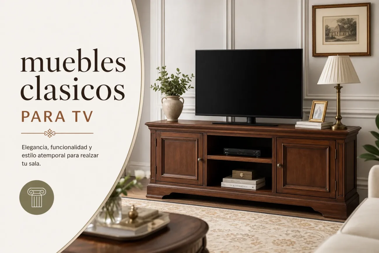 Traditional dark wood TV console with a flat-screen TV, potted plant, framed photos, and a warm, classic living room décor.