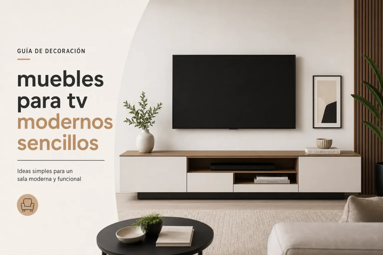 Hero image: modern living room with a wall-mounted TV and minimalist TV console, accompanied by text 'muebles para tv modernos sencillos' (decor guides).